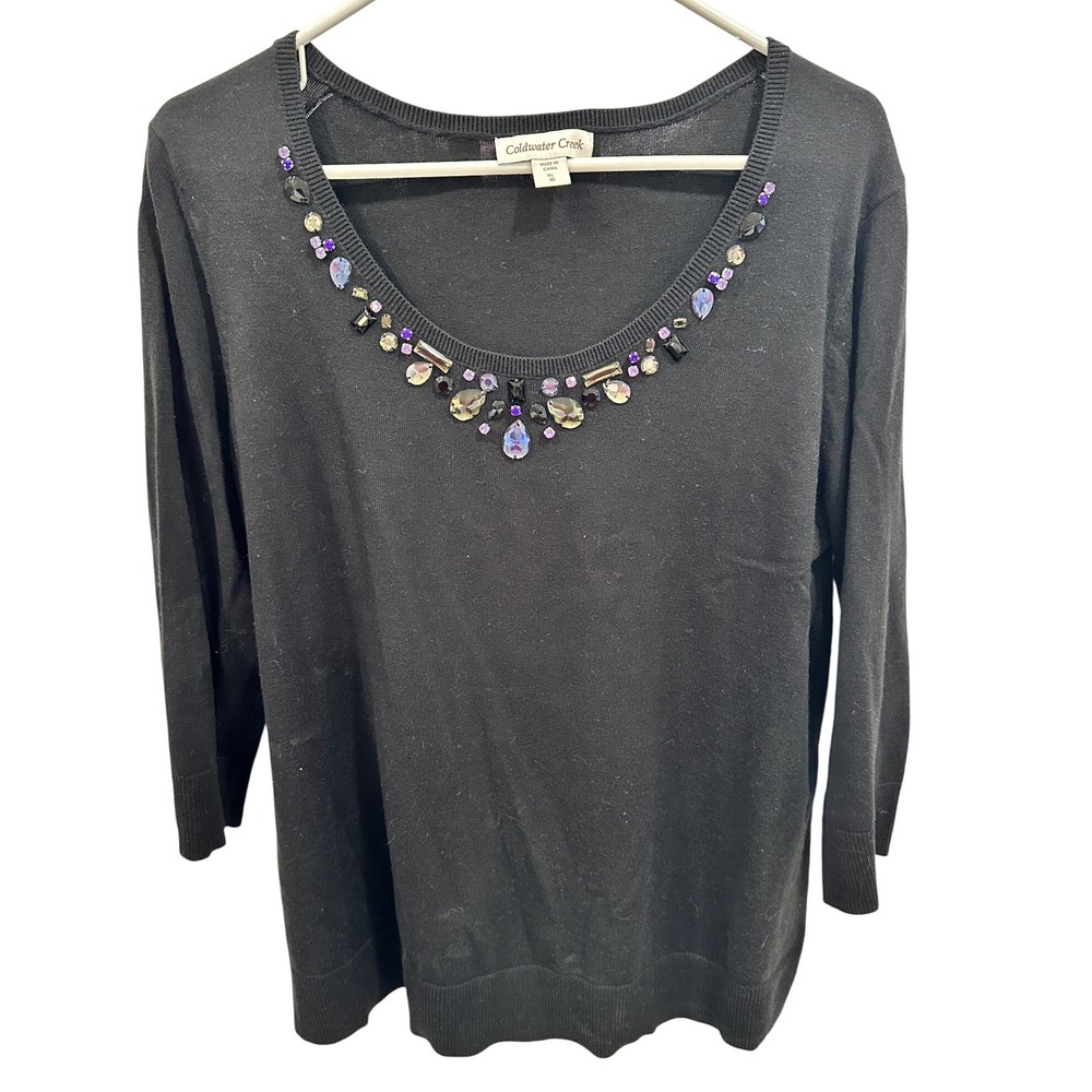 Coldwater Creek Jeweled Scoop Neck Sweater Top Black XL Women's